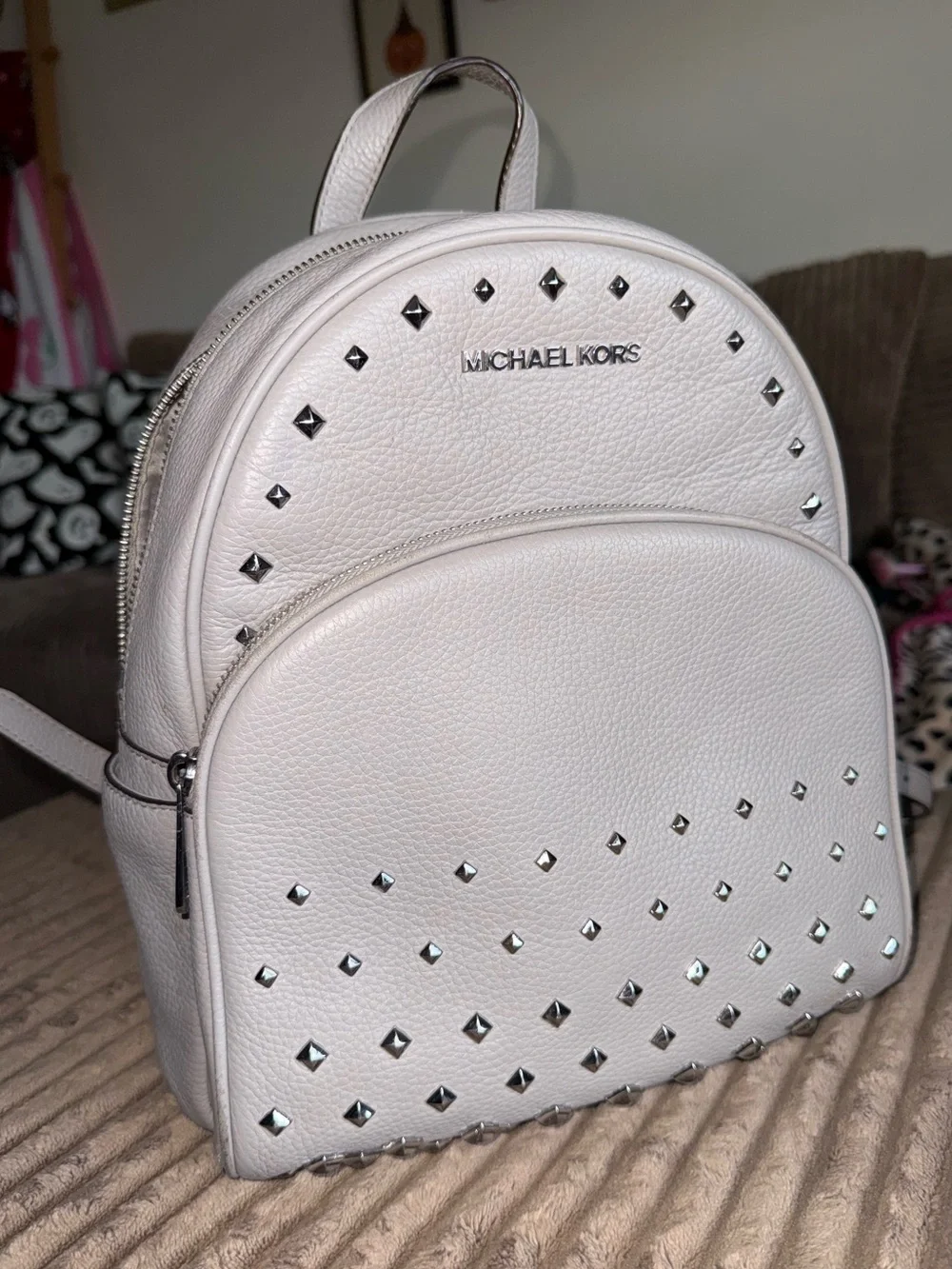 Michael Kors Studded Leather Mini Backpack in Light Gray